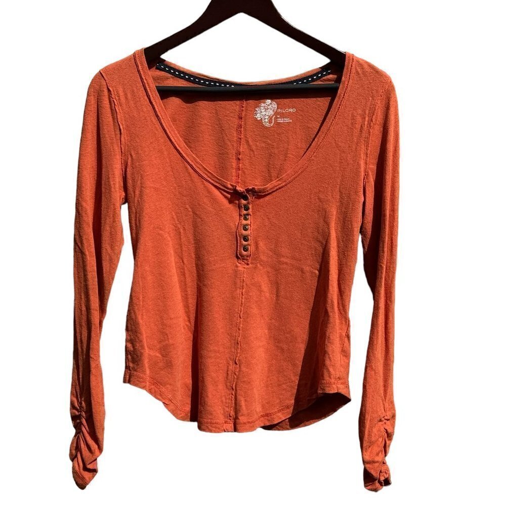 Pilcro Linen Henley Top Grunge Snap Front Shirred Cuff Pumpkin Women Medium